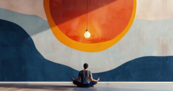 A person meditating in front of an abstract background with vibr